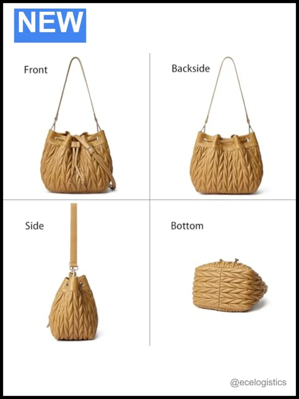 Lambskin Leather Quilted Drawstring Bucket Purse Shoulder Handbag Two Straps
